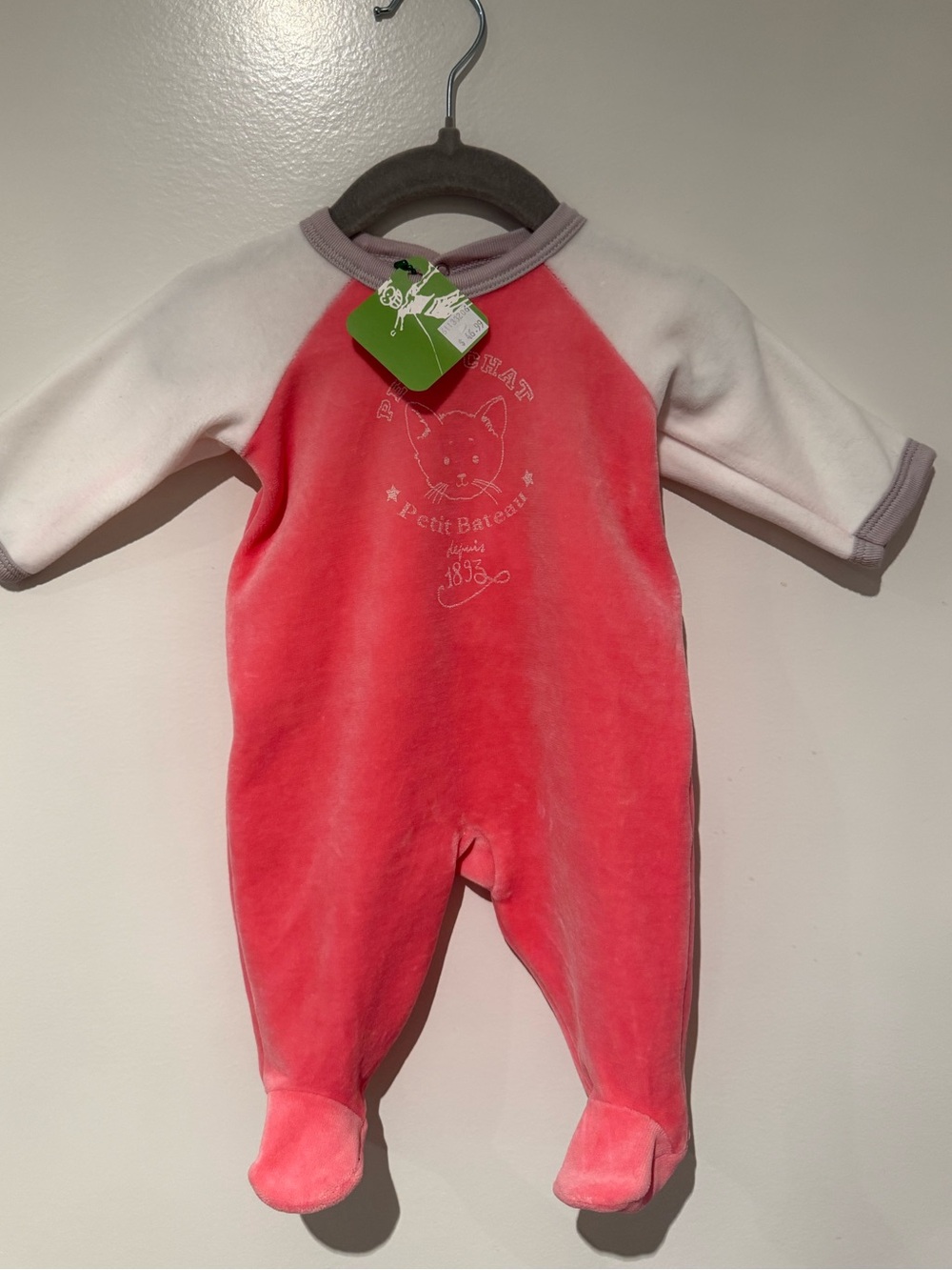 Petit Bateau Pink & White Velour Footed One-Piece Sleeper "Petit Chat" 1M NWT